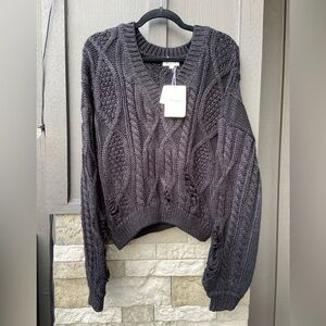 Miracle Black Small/Medium V-Neck Distressed Cable Knit Oversized Sweater